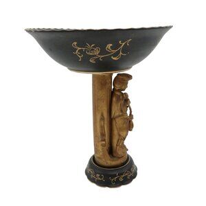 PEDESTAL Bowl Black and Gold With Oriental Figure Vintage JAPANESE Hand Painted